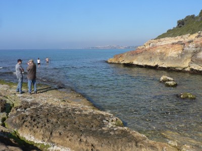 Treballs de topografia del moll. Al fons, la ciutat de Tarragona.