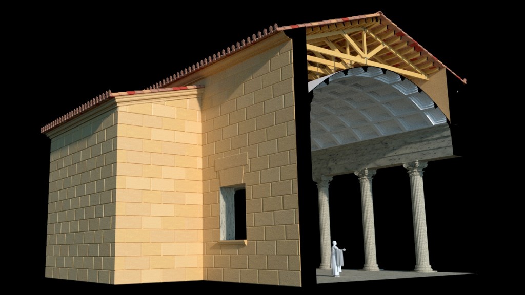 Restitució virtual de l’espai actual del Museu bíblic en època romana amb els pòrtics i l’exedra del recinte de culte imperial (Imatge de Silvia Fibla).