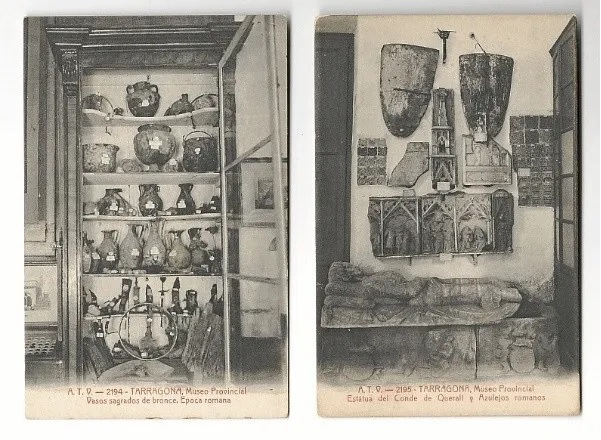 Del museu inicial no es conserven fotografies, però aquestes  postals de principis del segle XX mostren peces de la col·lecció. Foto: RSAT.