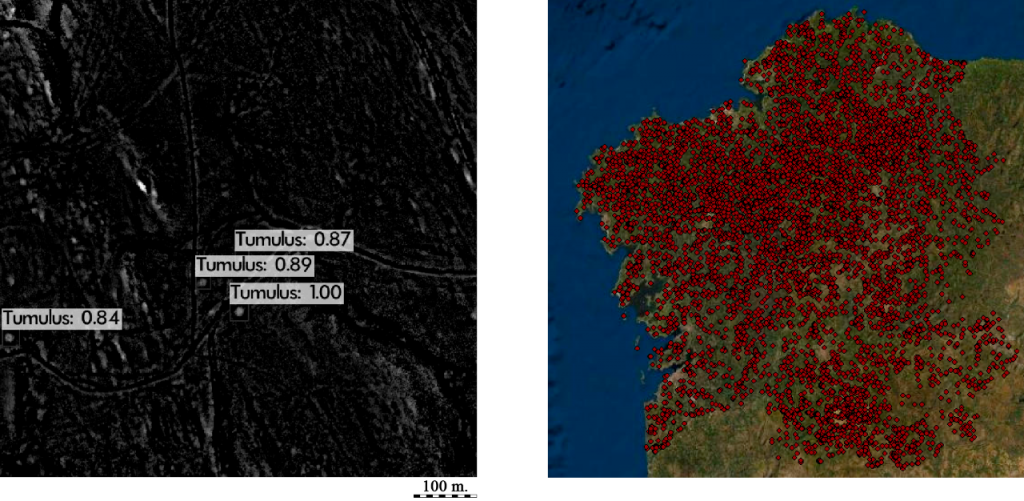 Figure 2. Tumuli detection using YOLOv3 algorithm in a part of the study area (left) and its location throughout Galicia (right).