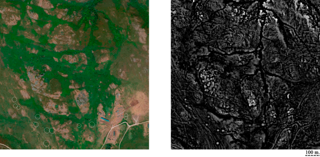 Figure 1. A part of the study area used for training with the known tumuli marked (left) and the MSRM of that area used as the DL algorithm’s input data (right).